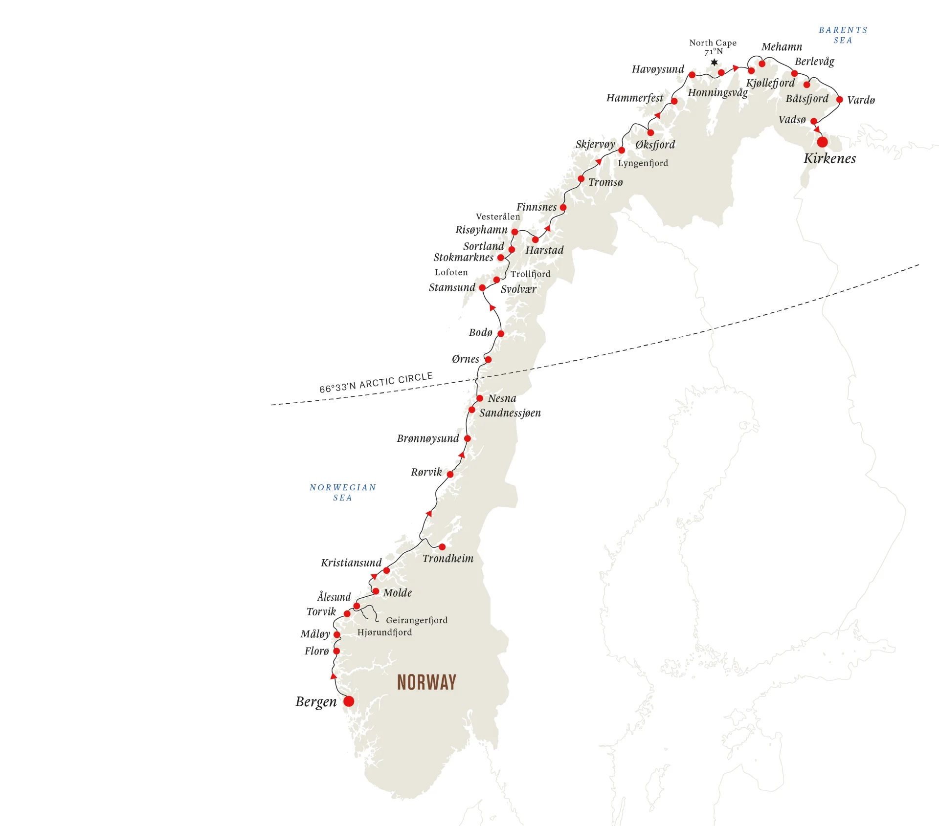 Hurtigruten: Karte und Route Bergen Kirkenes